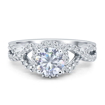 14K White Gold Halo Split Shank Twisted Ring Round Cubic Zirconia Wholesale